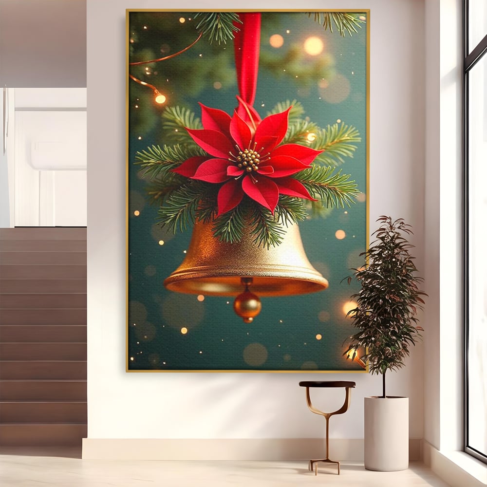 Tablou canvas cu tablou canvas cu clopotel si poinsettia, in rama de aluminiu auriu
